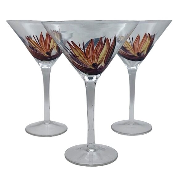 Source Unknown Other - Hand Painted Botanical Floral Clear Glass Martini Cocktail Glasses Set of 3